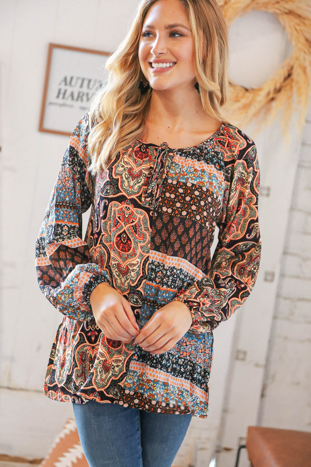 Multicolor Floral Color Block Raglan Peasant Woven Top