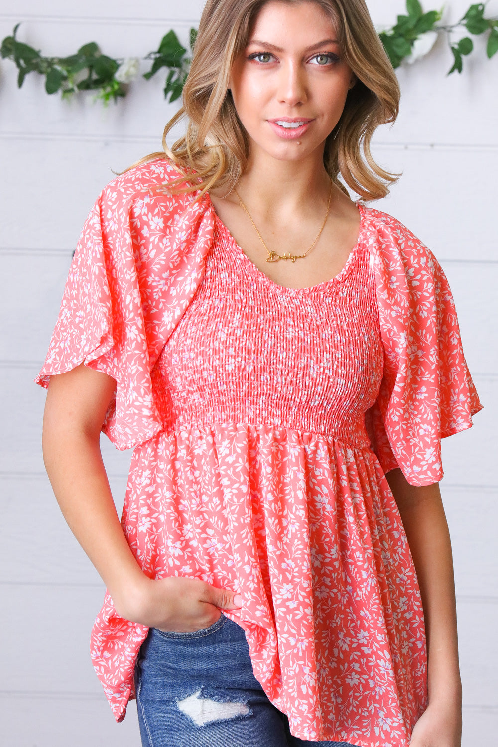 Peach Floral Smocked Flutter Sleeve Top