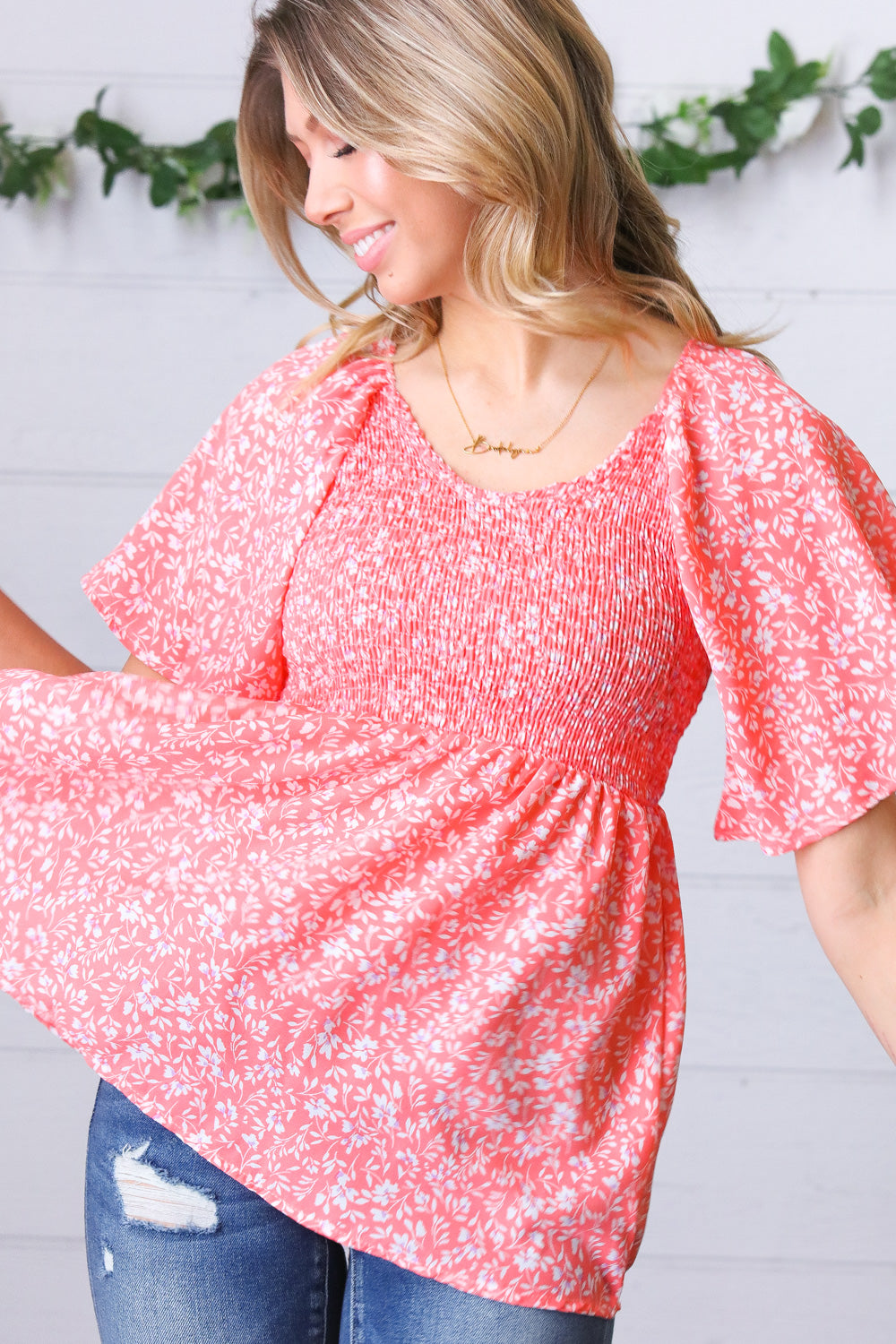 Peach Floral Smocked Flutter Sleeve Top