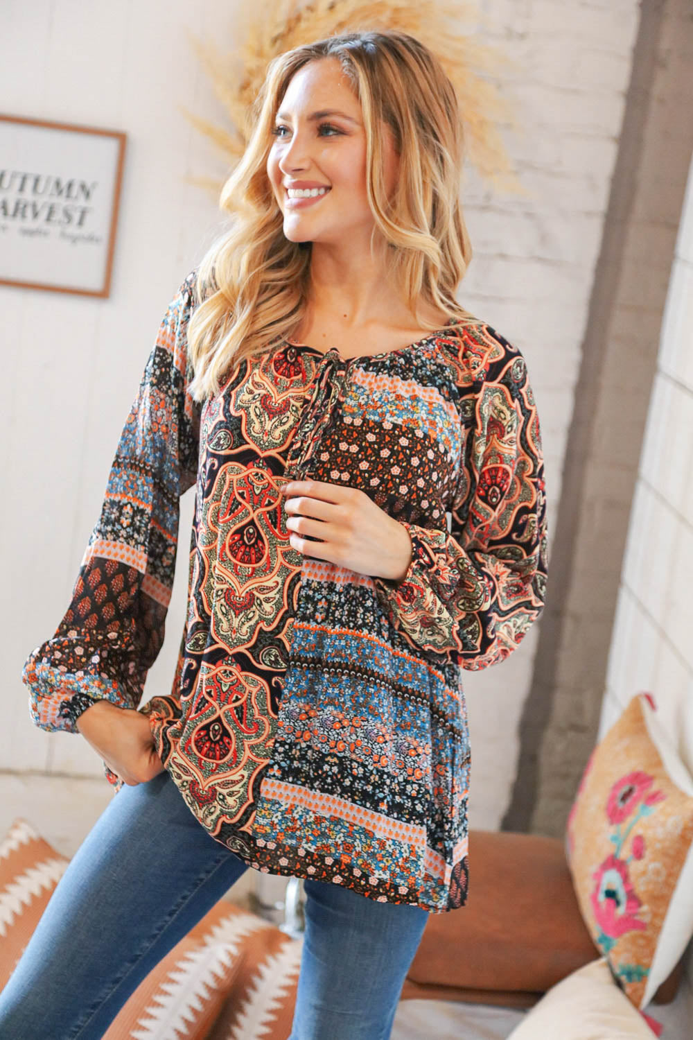 Multicolor Floral Color Block Raglan Peasant Woven Top