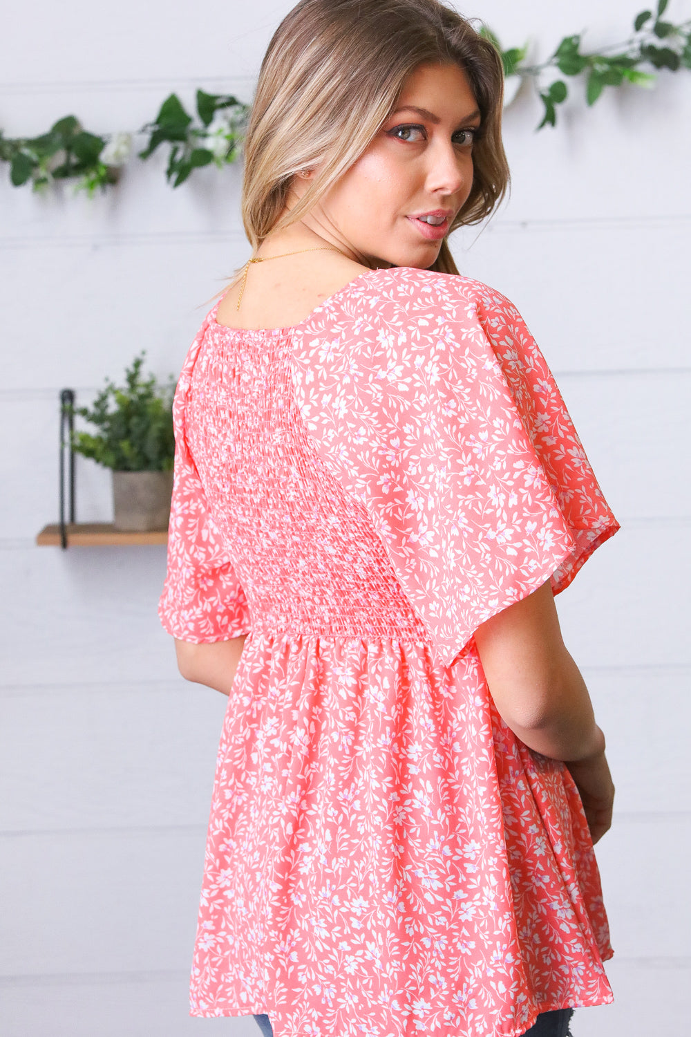 Peach Floral Smocked Flutter Sleeve Top
