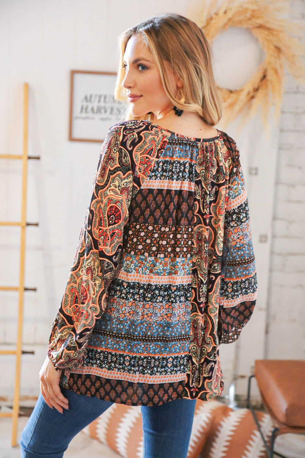 Multicolor Floral Color Block Raglan Peasant Woven Top
