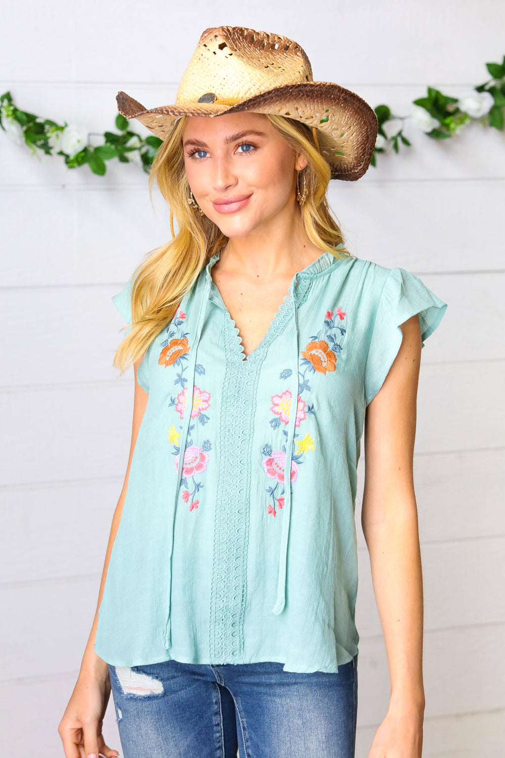 Blue Sage Floral Embroidered Tie Neck Top