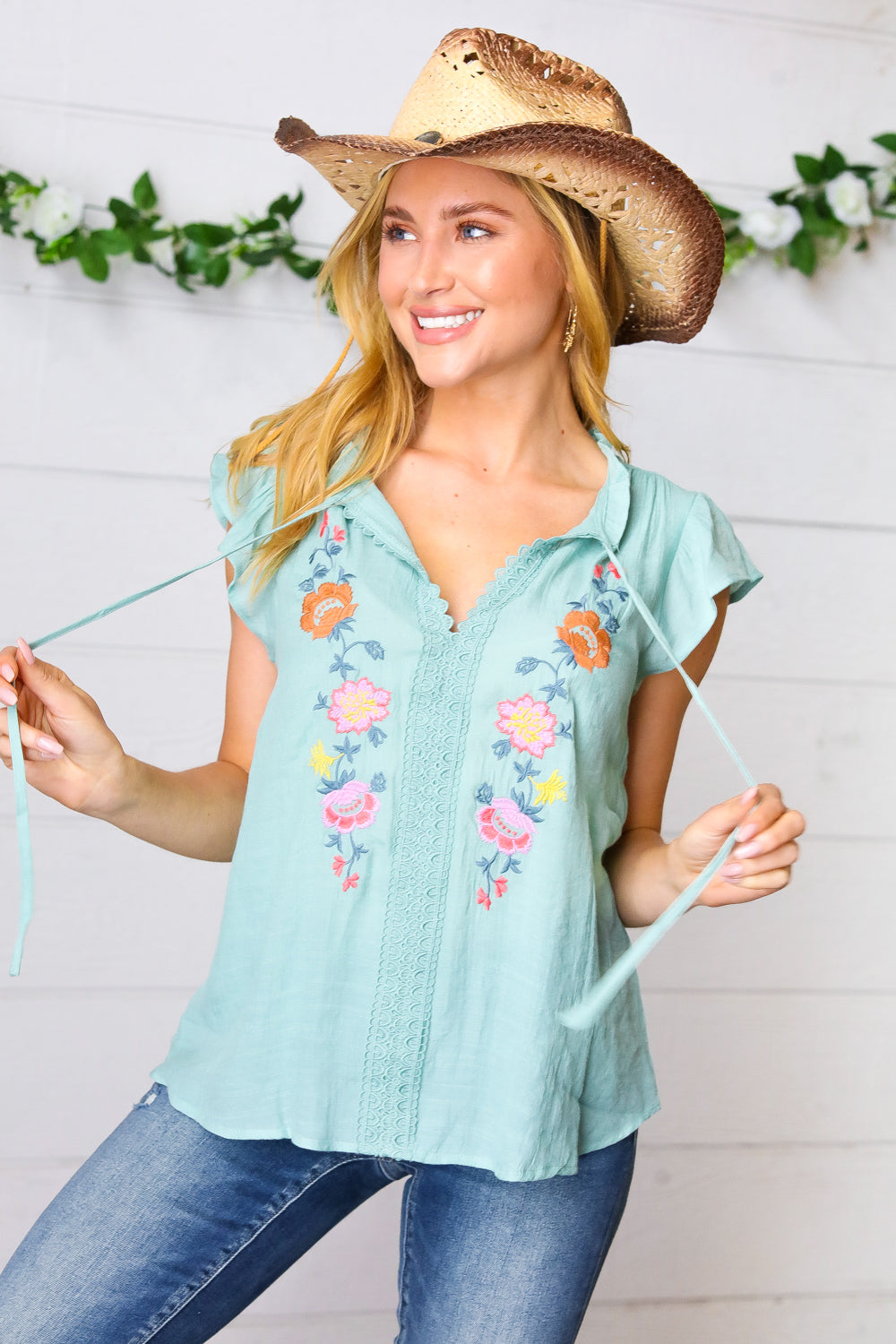 Blue Sage Floral Embroidered Tie Neck Top