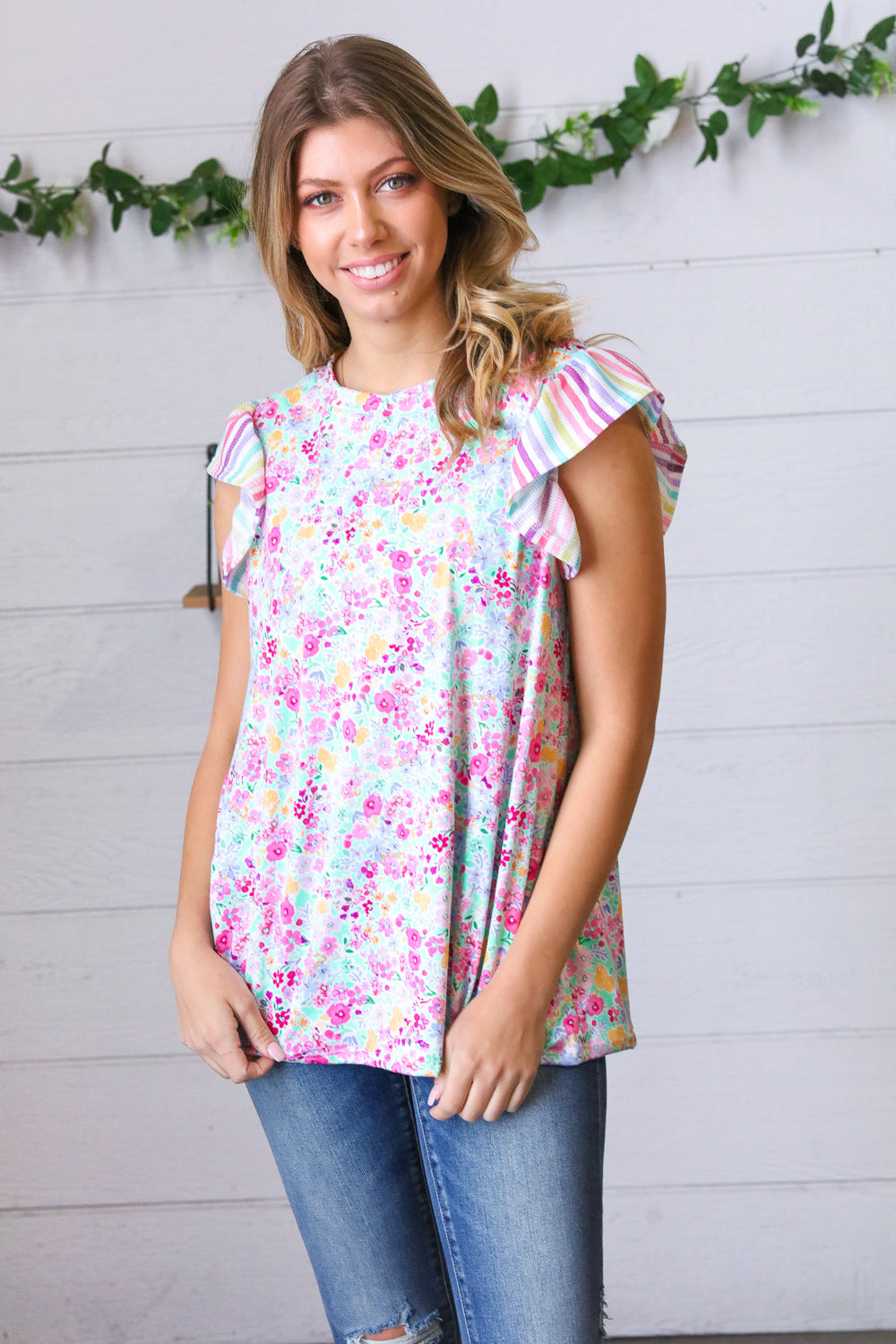 Pink & Mint Floral Stripe Flutter Sleeve Top