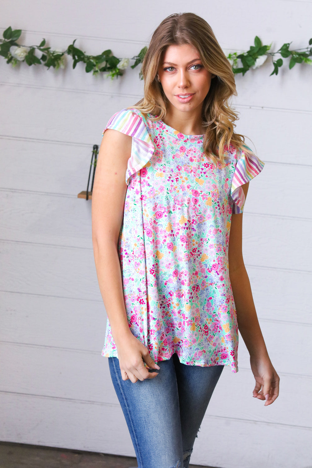 Pink & Mint Floral Stripe Flutter Sleeve Top