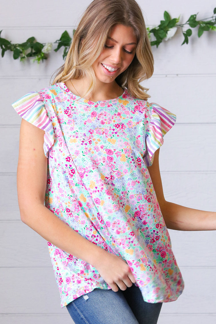 Pink & Mint Floral Stripe Flutter Sleeve Top