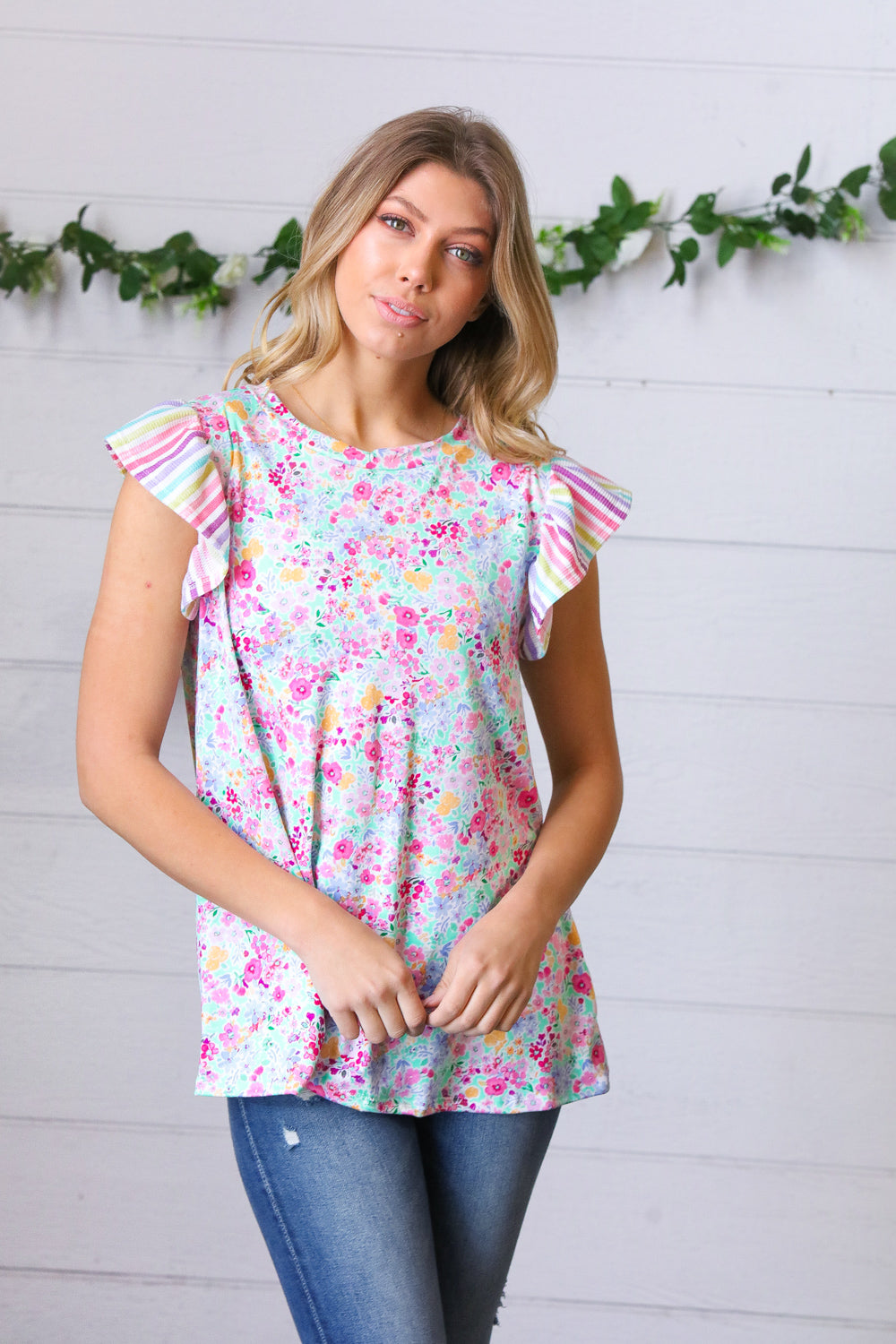 Pink & Mint Floral Stripe Flutter Sleeve Top