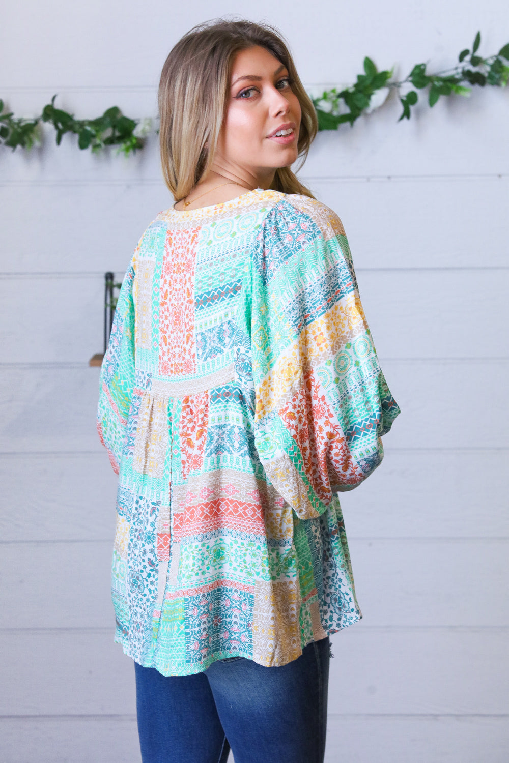Aqua Boho Patchwork V Neck Woven Top