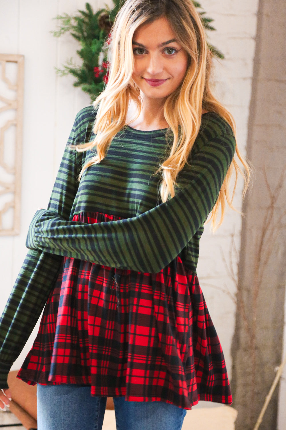 Christmas Plaid Babydoll Color Block Swing Top