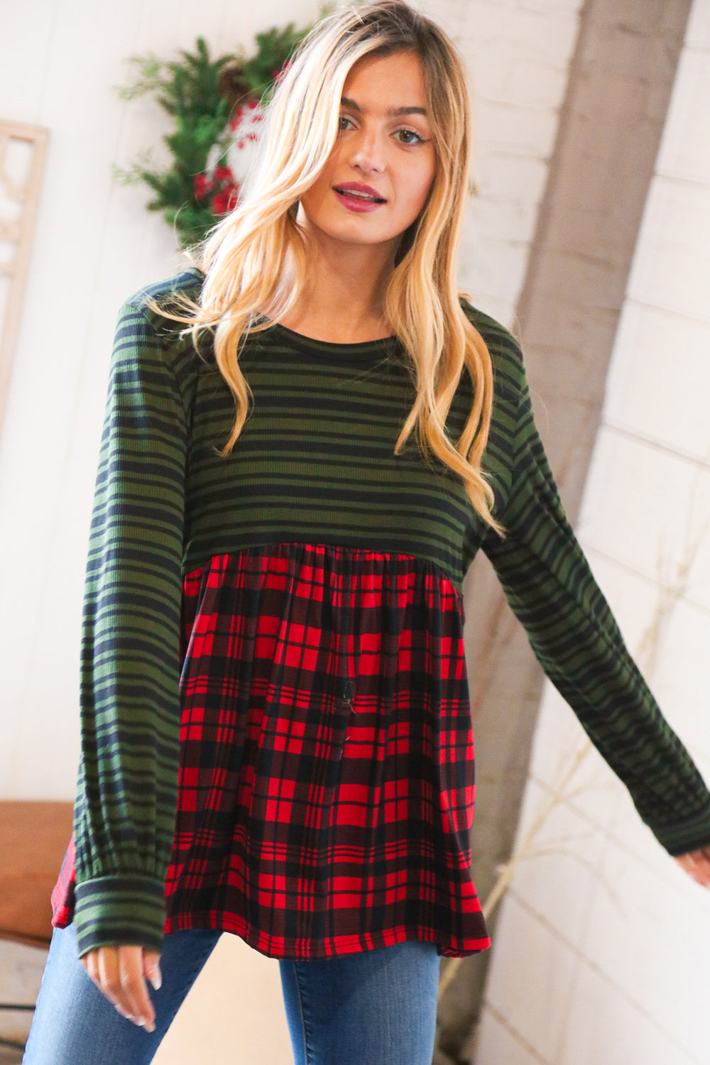 Christmas Plaid Babydoll Color Block Swing Top