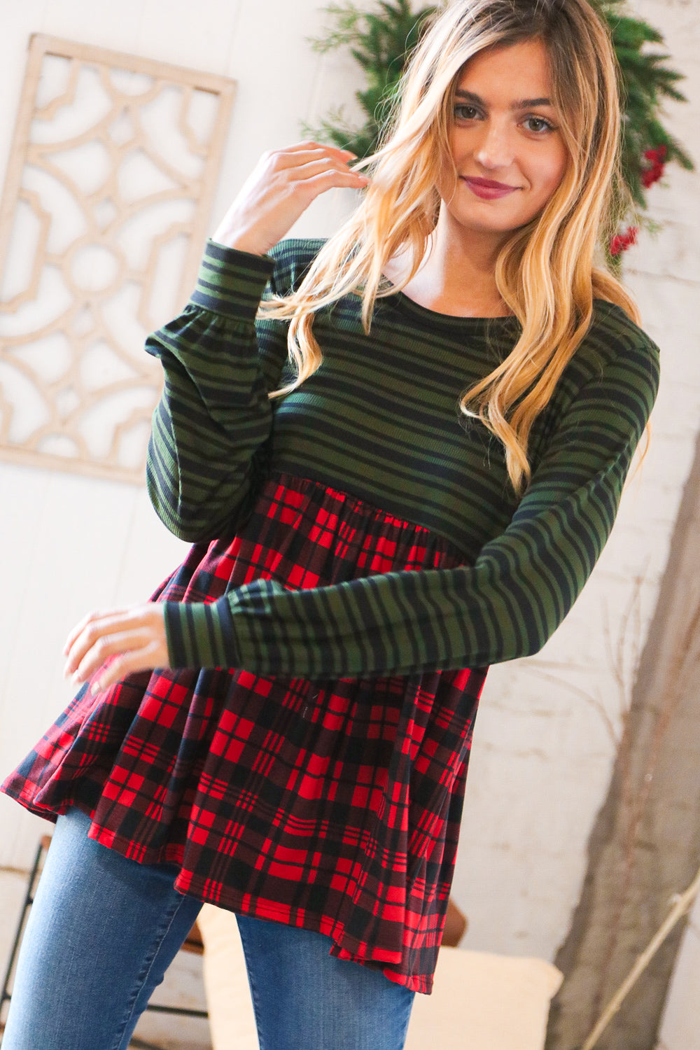 Christmas Plaid Babydoll Color Block Swing Top