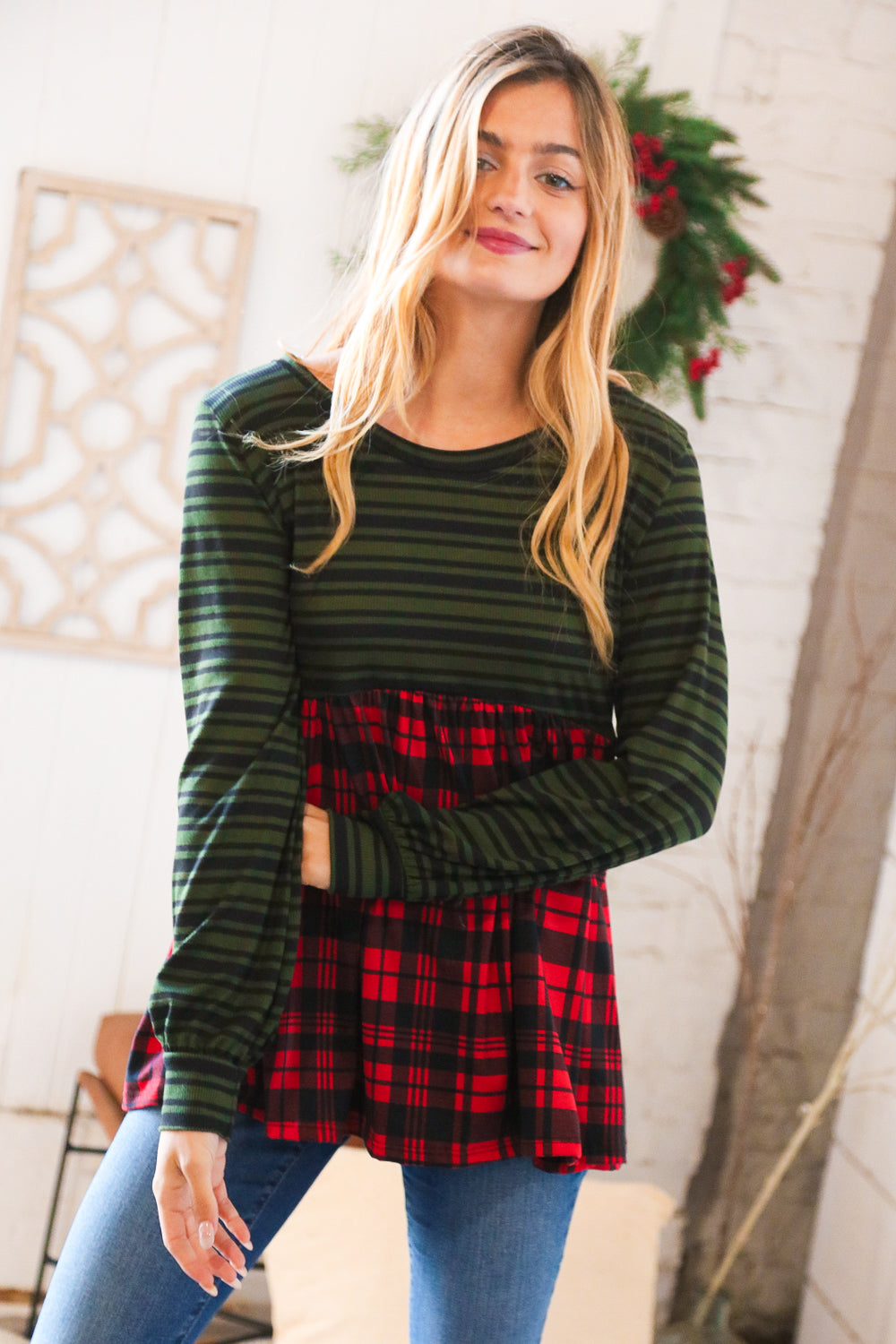 Christmas Plaid Babydoll Color Block Swing Top