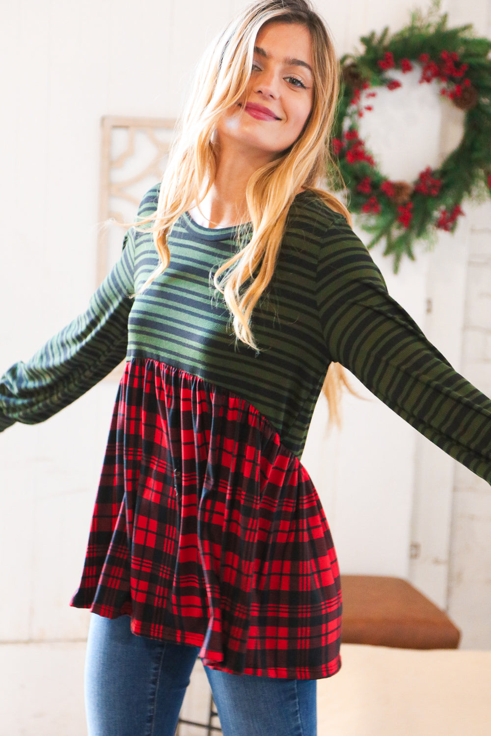 Christmas Plaid Babydoll Color Block Swing Top