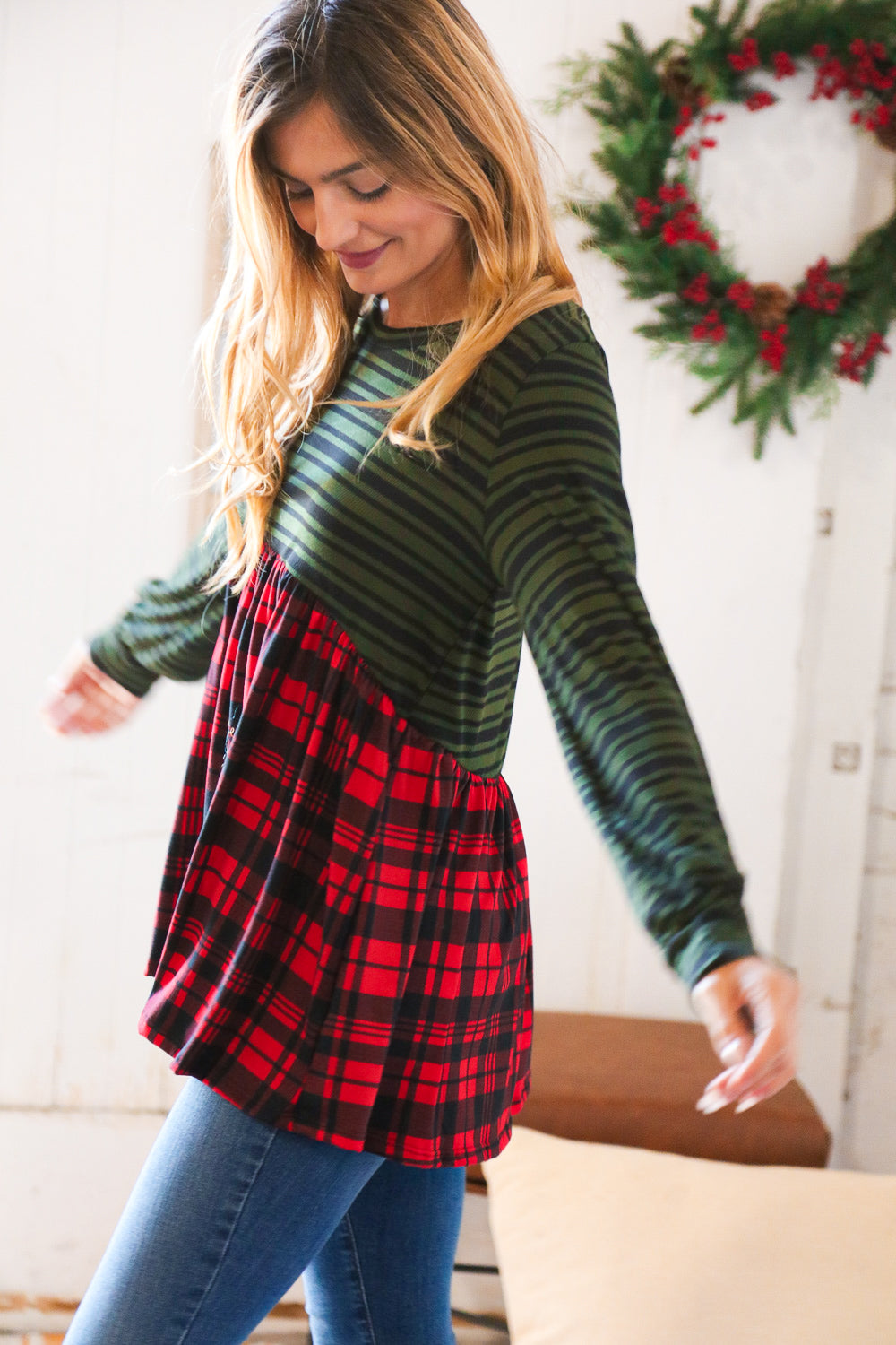 Christmas Plaid Babydoll Color Block Swing Top