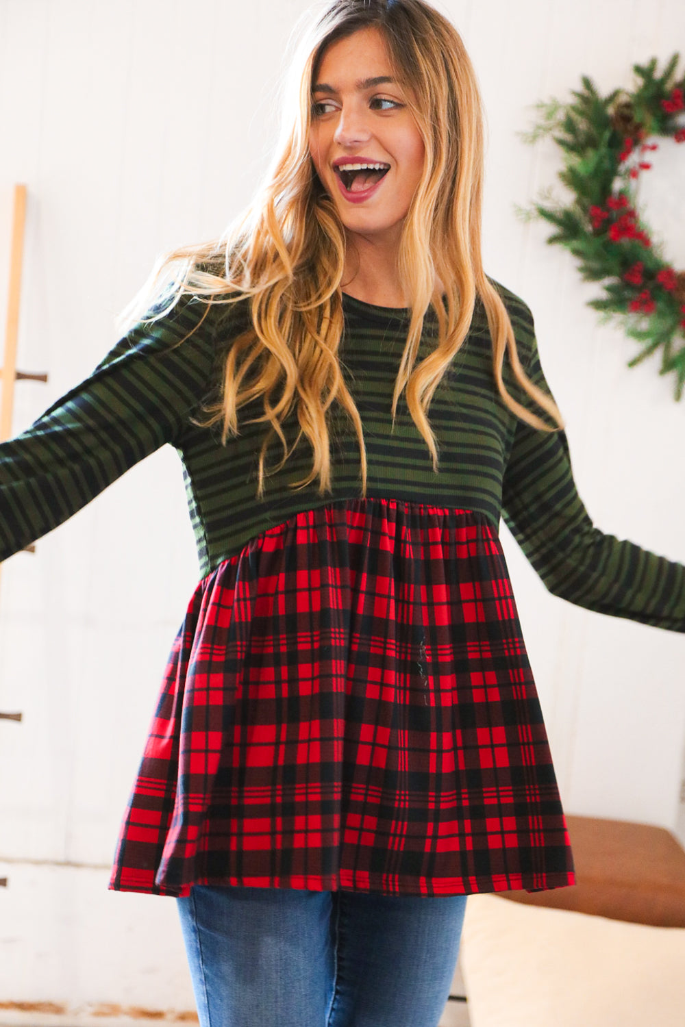 Christmas Plaid Babydoll Color Block Swing Top