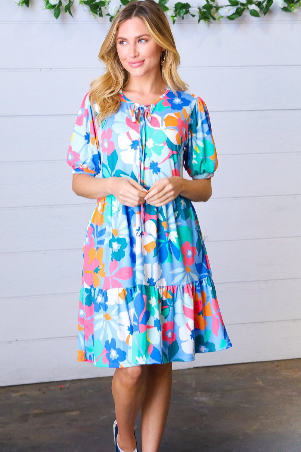 Baby Blue Flat Floral Fit & Flare V Neck Dress