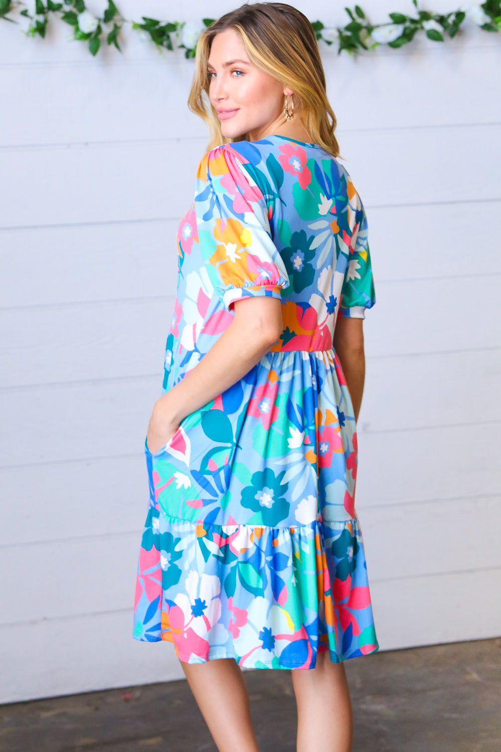 Baby Blue Flat Floral Fit & Flare V Neck Dress