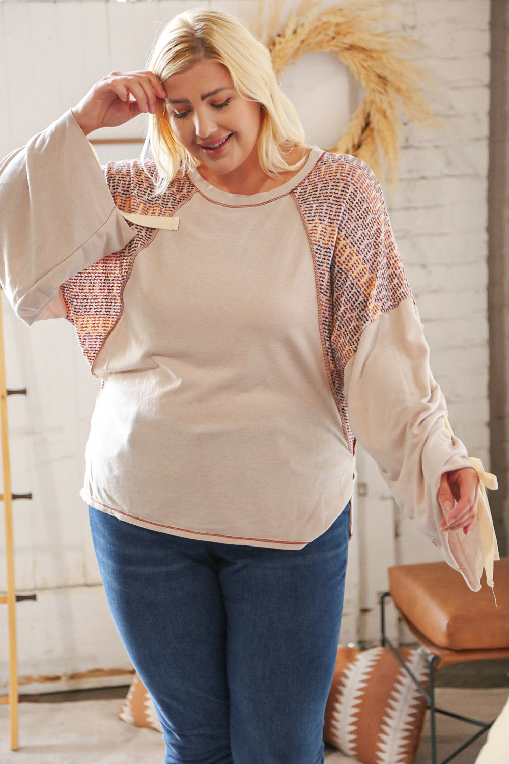 Taupe & Burgundy Chevron Raglan Lace Up Bell Sleeve Top