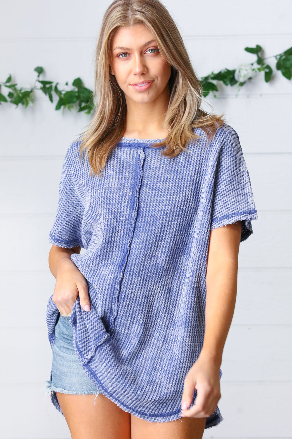 Washed Blue Baby Waffle Short Sleeve Top