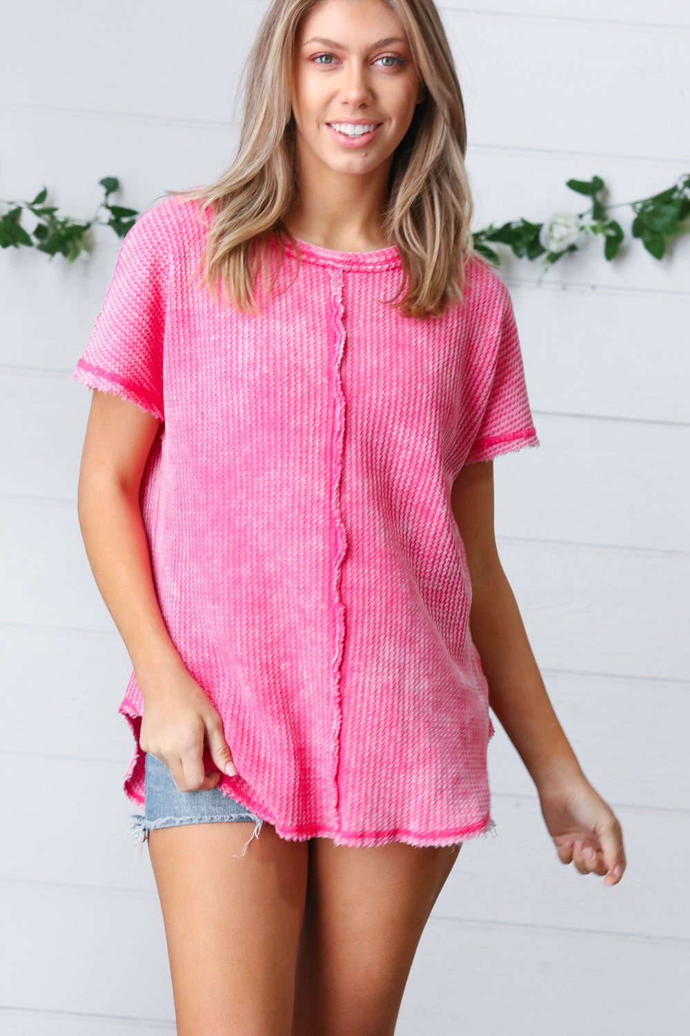 Washed Pink Baby Waffle Short Sleeve Top