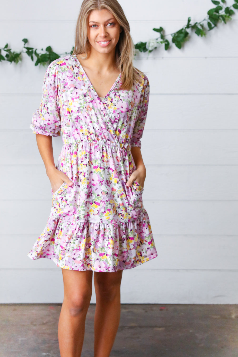 Lavender Floral Surplice Neck Ruffle Dress
