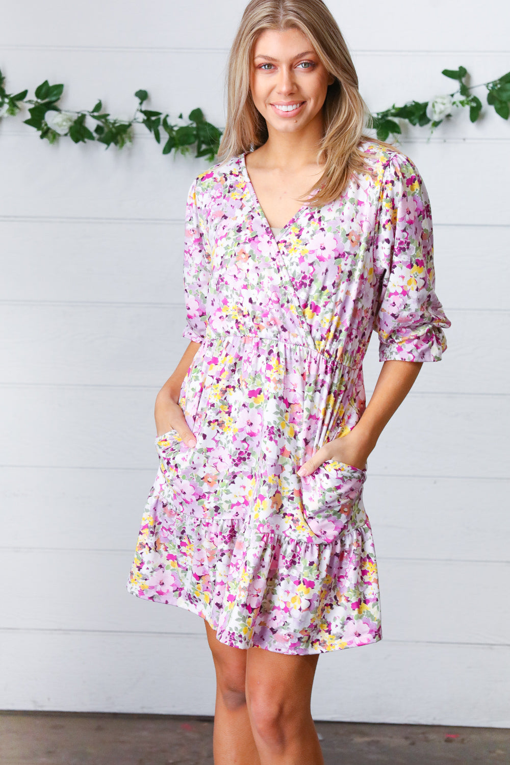 Lavender Floral Surplice Neck Ruffle Dress