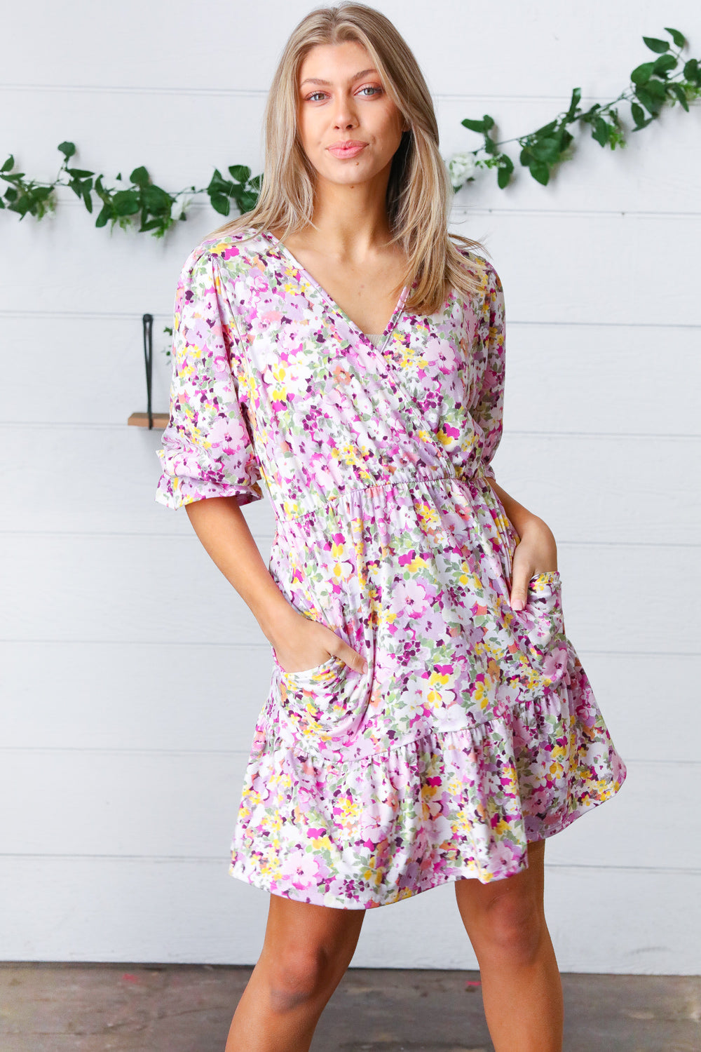 Lavender Floral Surplice Neck Ruffle Dress