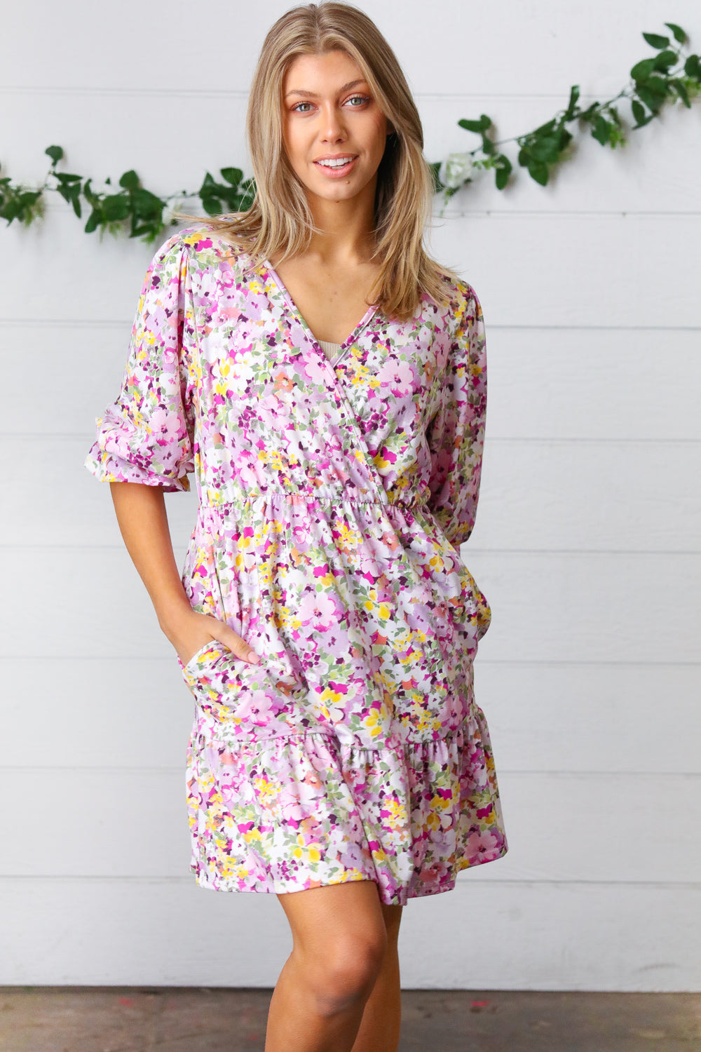 Lavender Floral Surplice Neck Ruffle Dress