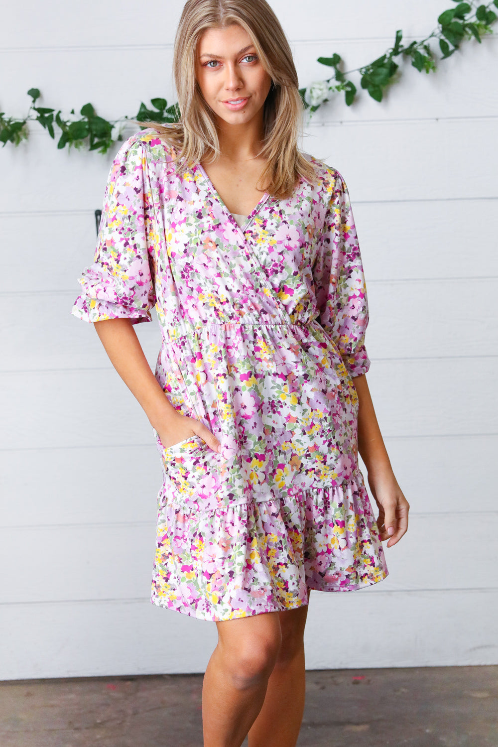 Lavender Floral Surplice Neck Ruffle Dress