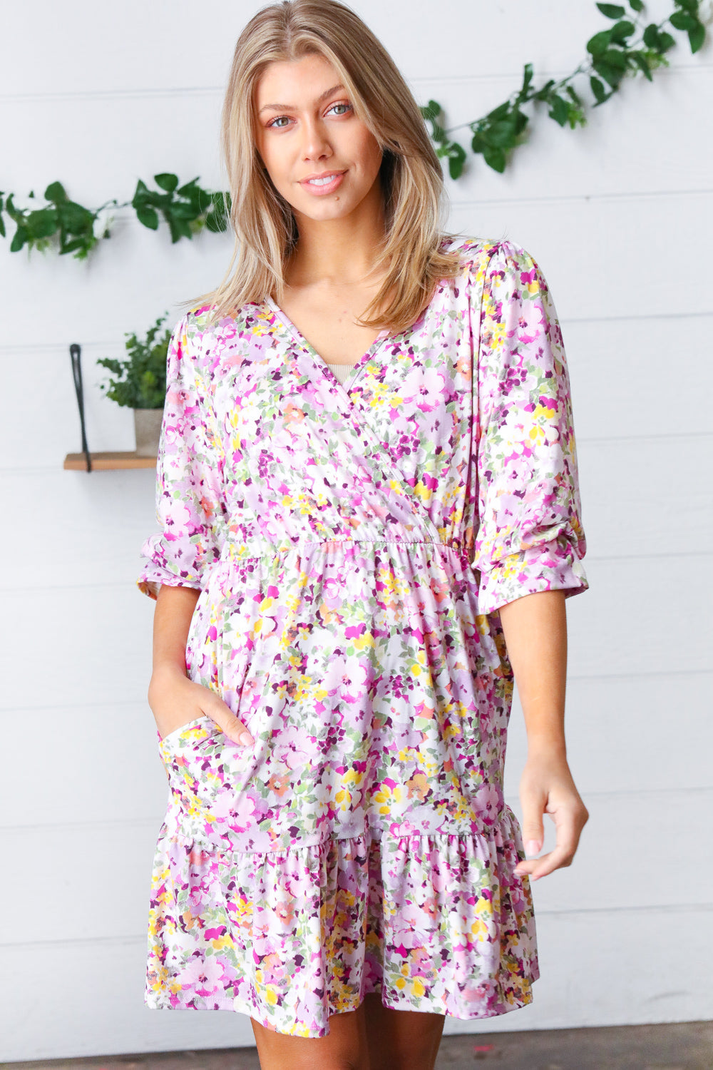 Lavender Floral Surplice Neck Ruffle Dress