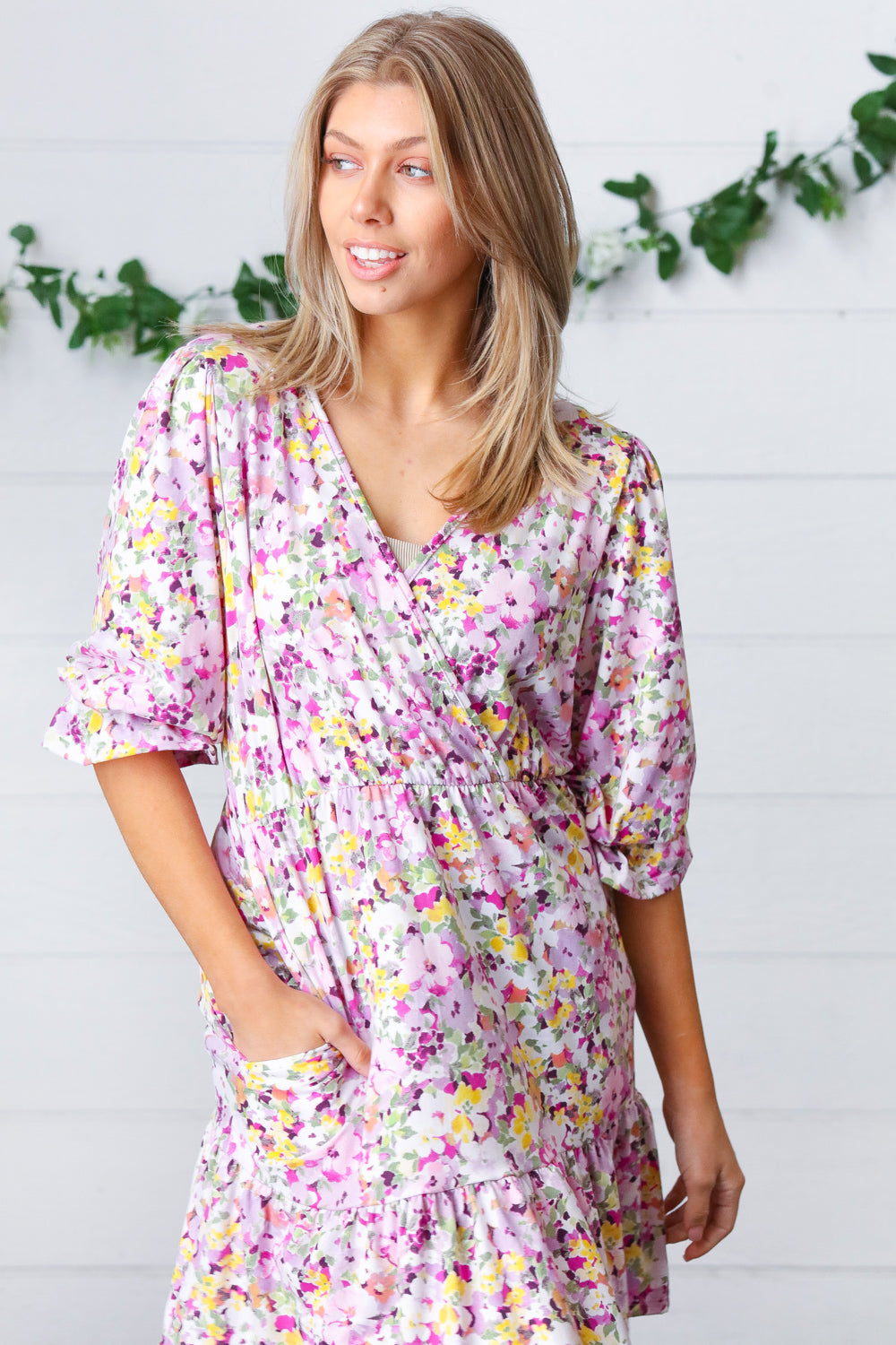 Lavender Floral Surplice Neck Ruffle Dress