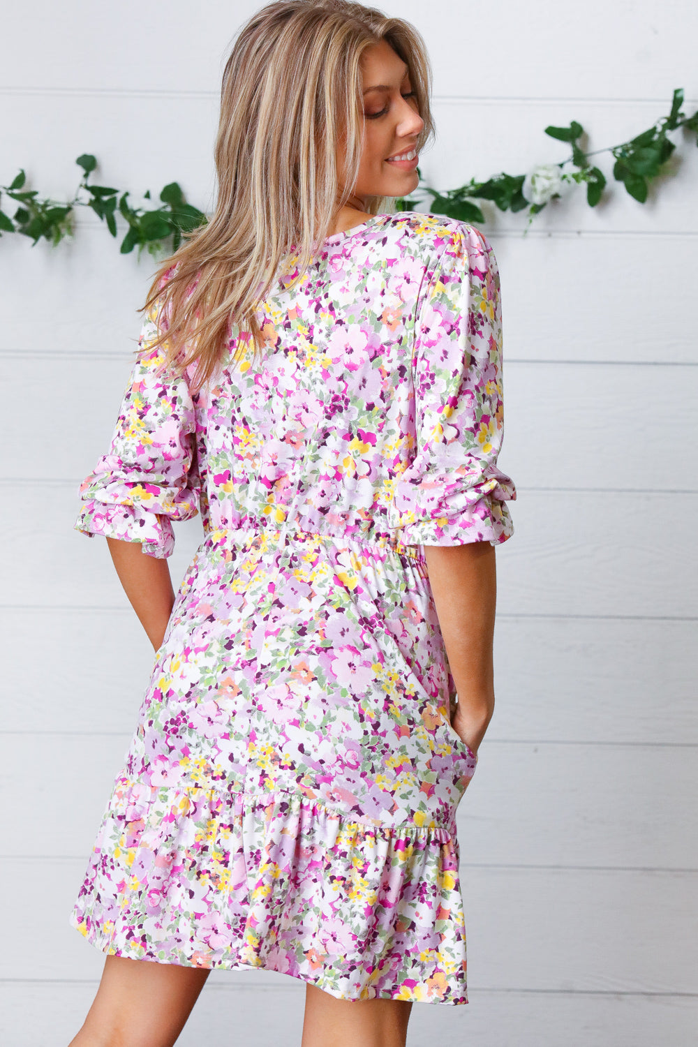 Lavender Floral Surplice Neck Ruffle Dress