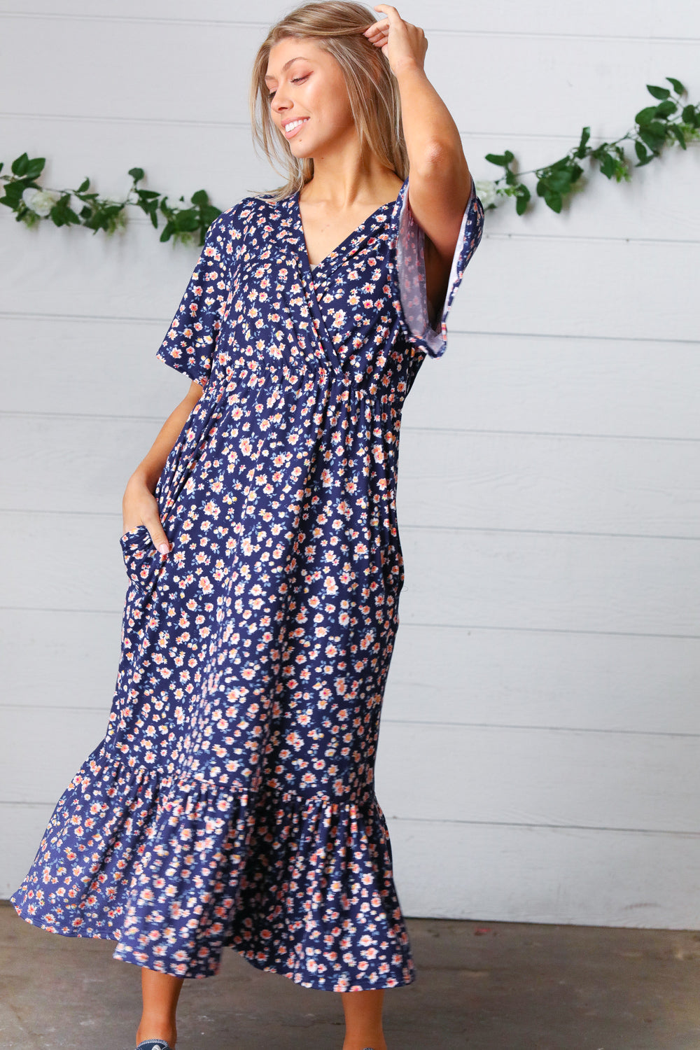 Navy Floral Surplice Elastic Waist Ruffle Maxi Dress