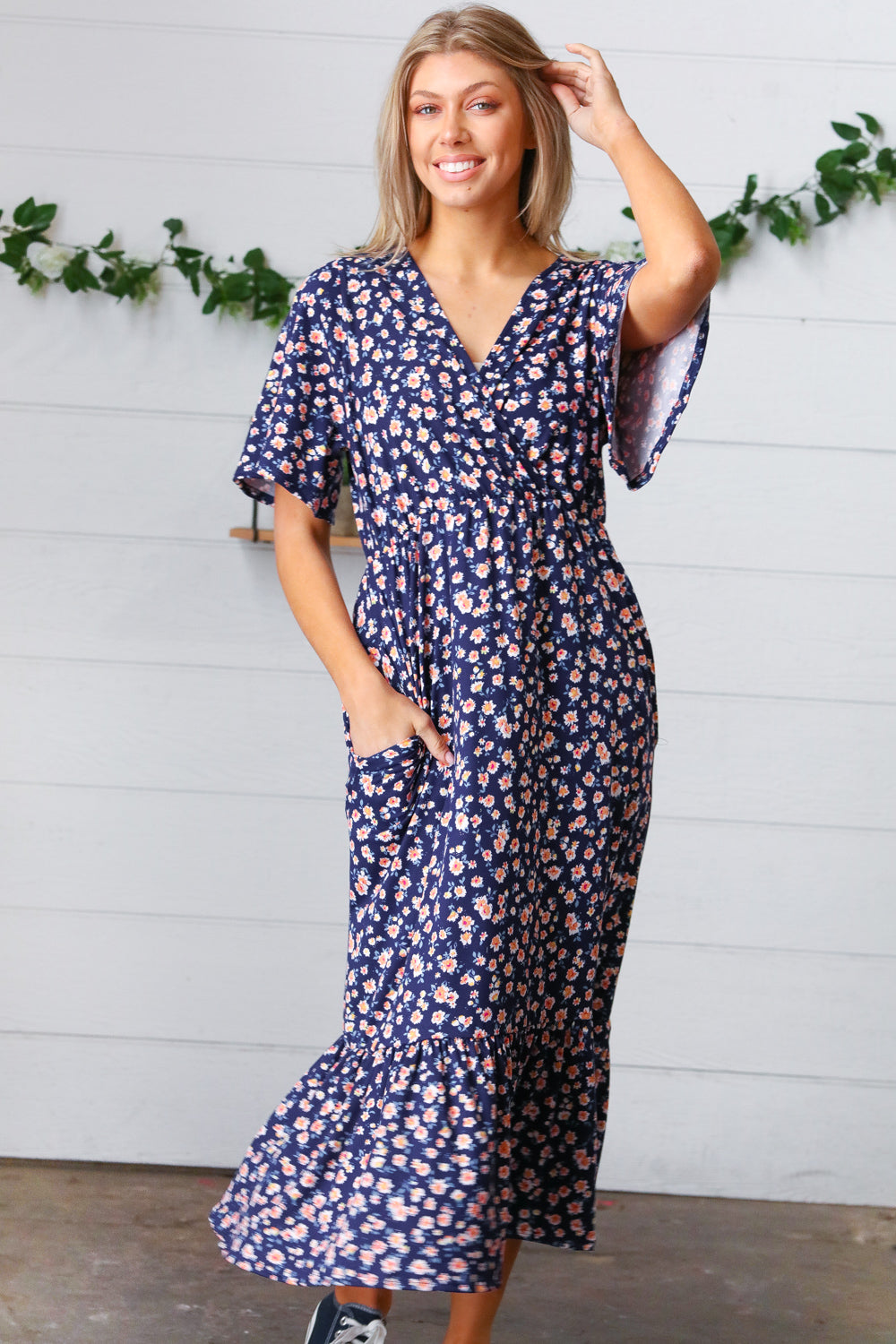 Navy Floral Surplice Elastic Waist Ruffle Maxi Dress