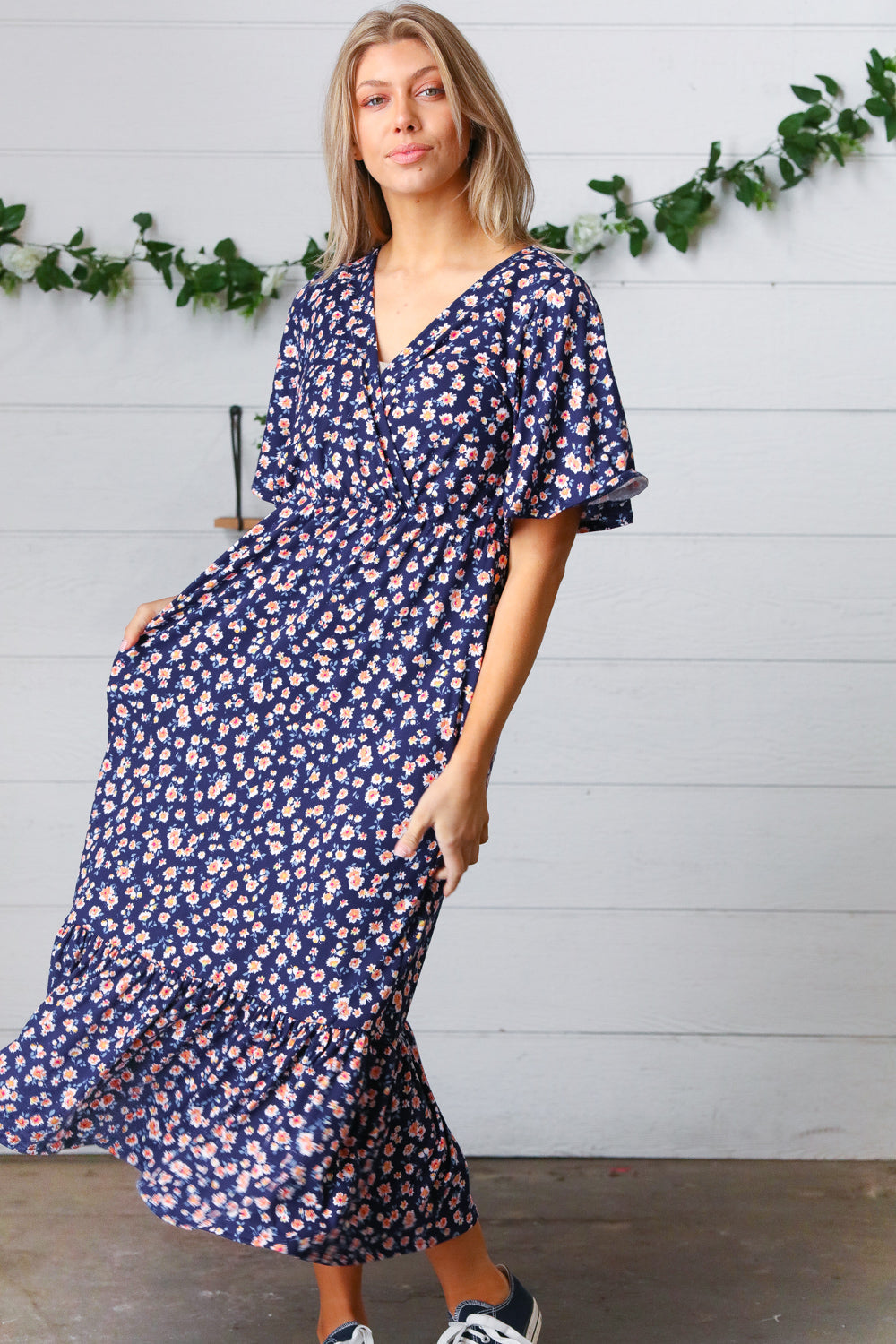 Navy Floral Surplice Elastic Waist Ruffle Maxi Dress