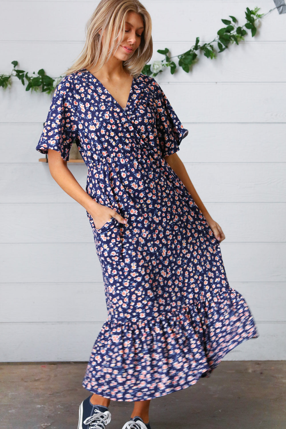 Navy Floral Surplice Elastic Waist Ruffle Maxi Dress