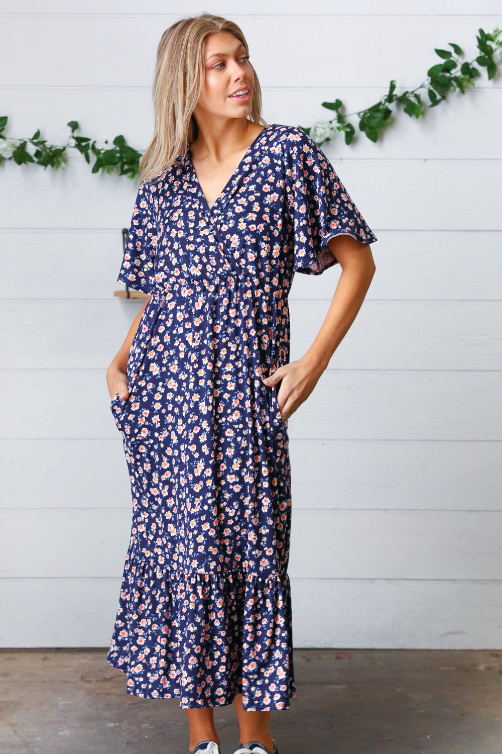 Navy Floral Surplice Elastic Waist Ruffle Maxi Dress