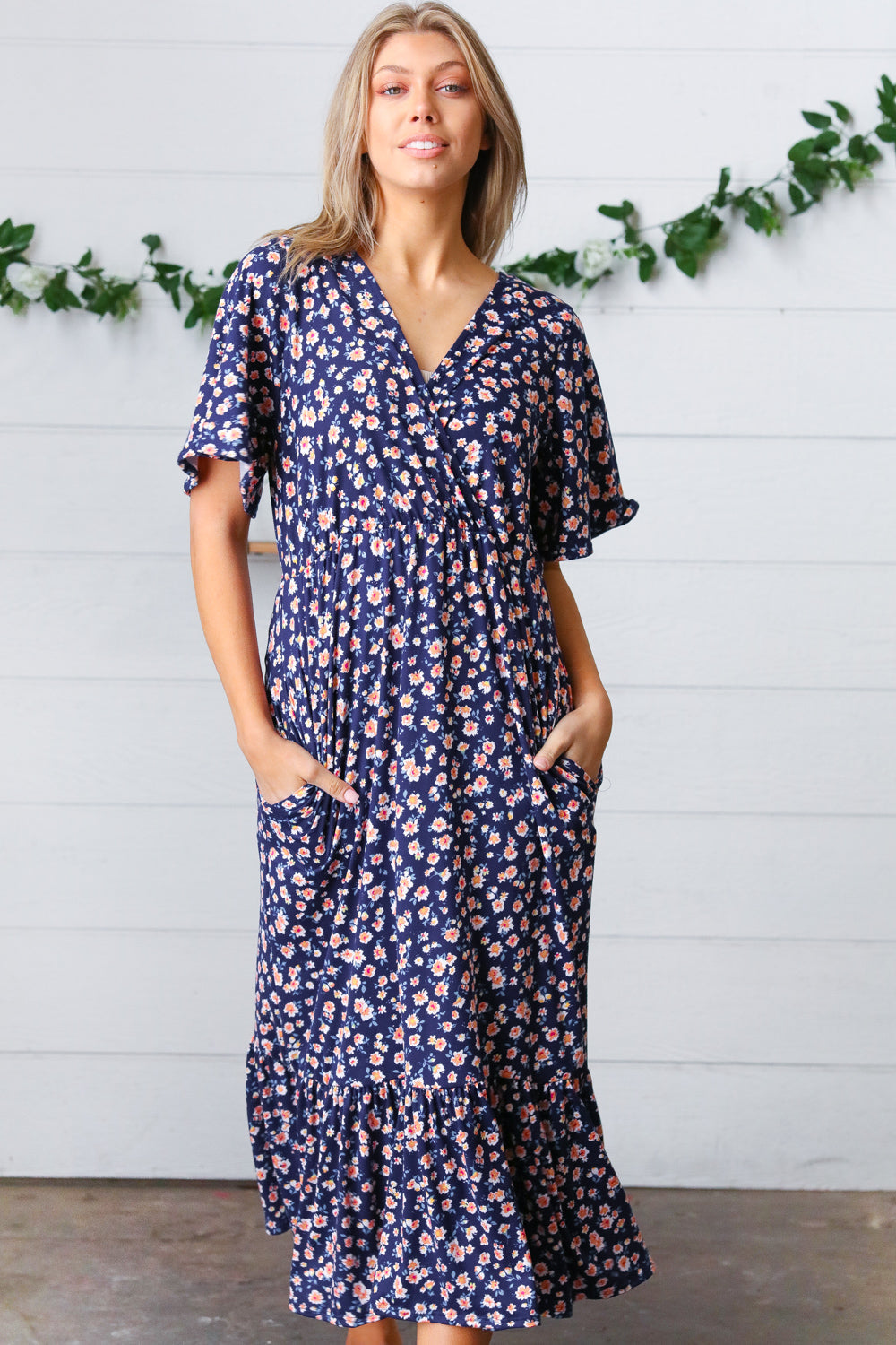 Navy Floral Surplice Elastic Waist Ruffle Maxi Dress