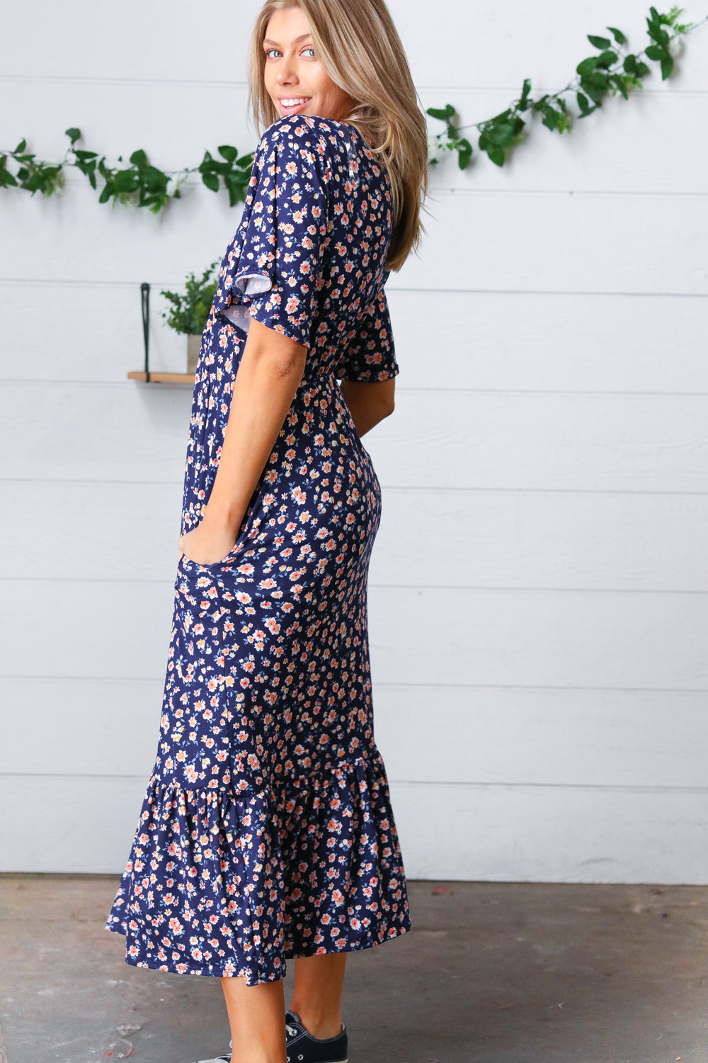 Navy Floral Surplice Elastic Waist Ruffle Maxi Dress