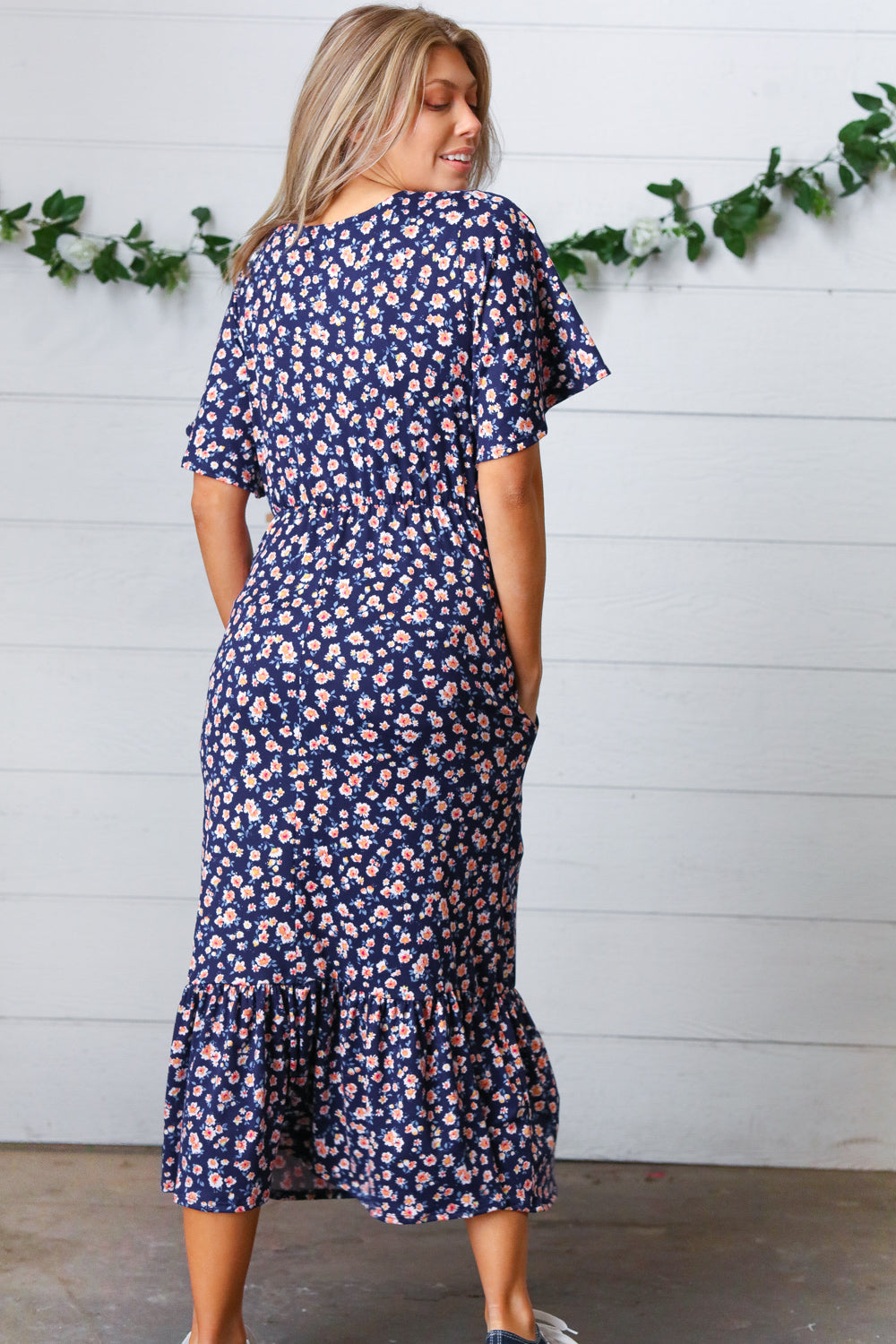 Navy Floral Surplice Elastic Waist Ruffle Maxi Dress