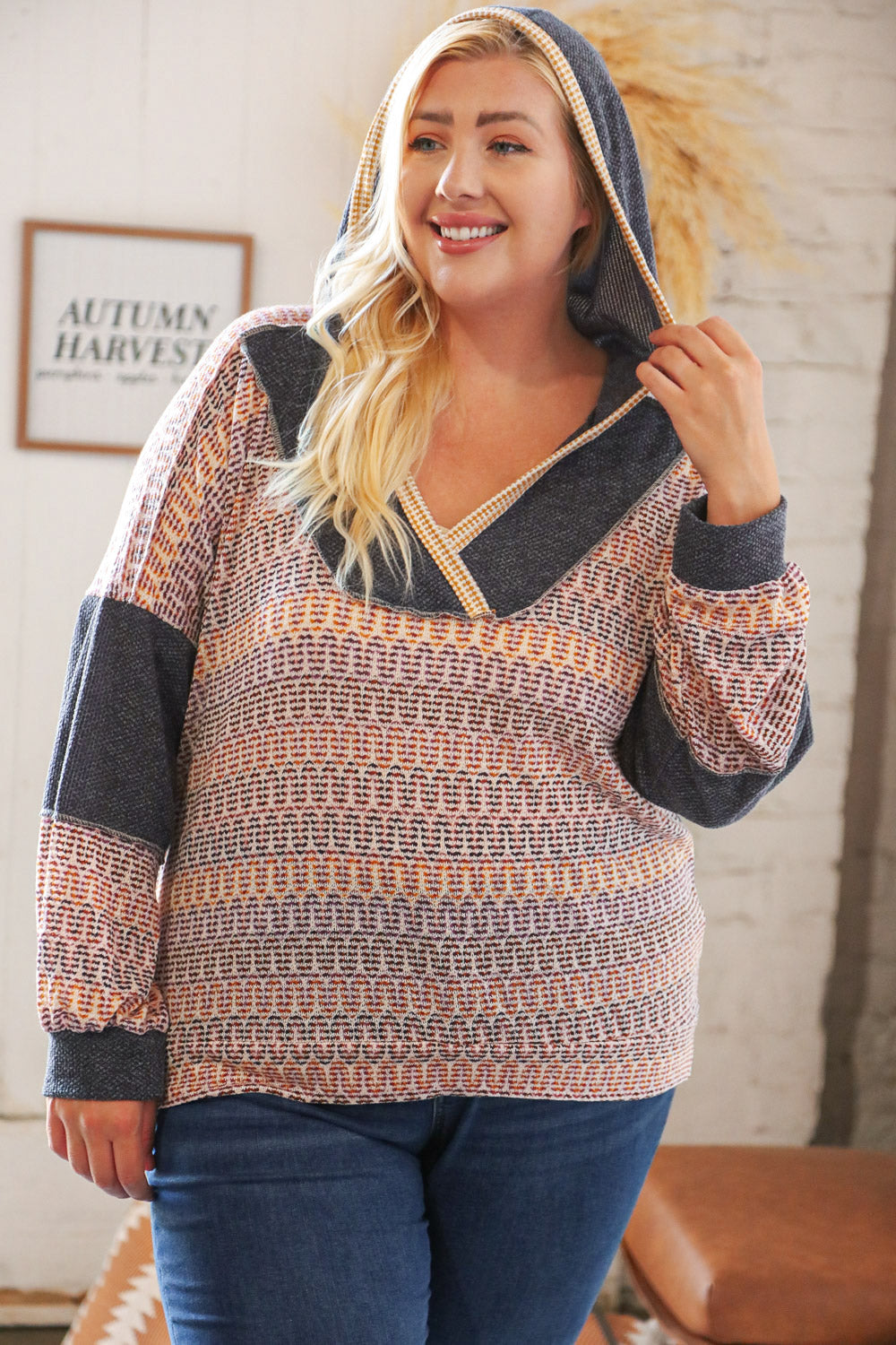 Charcoal Vintage Chevron Hacci Color Block Hoodie