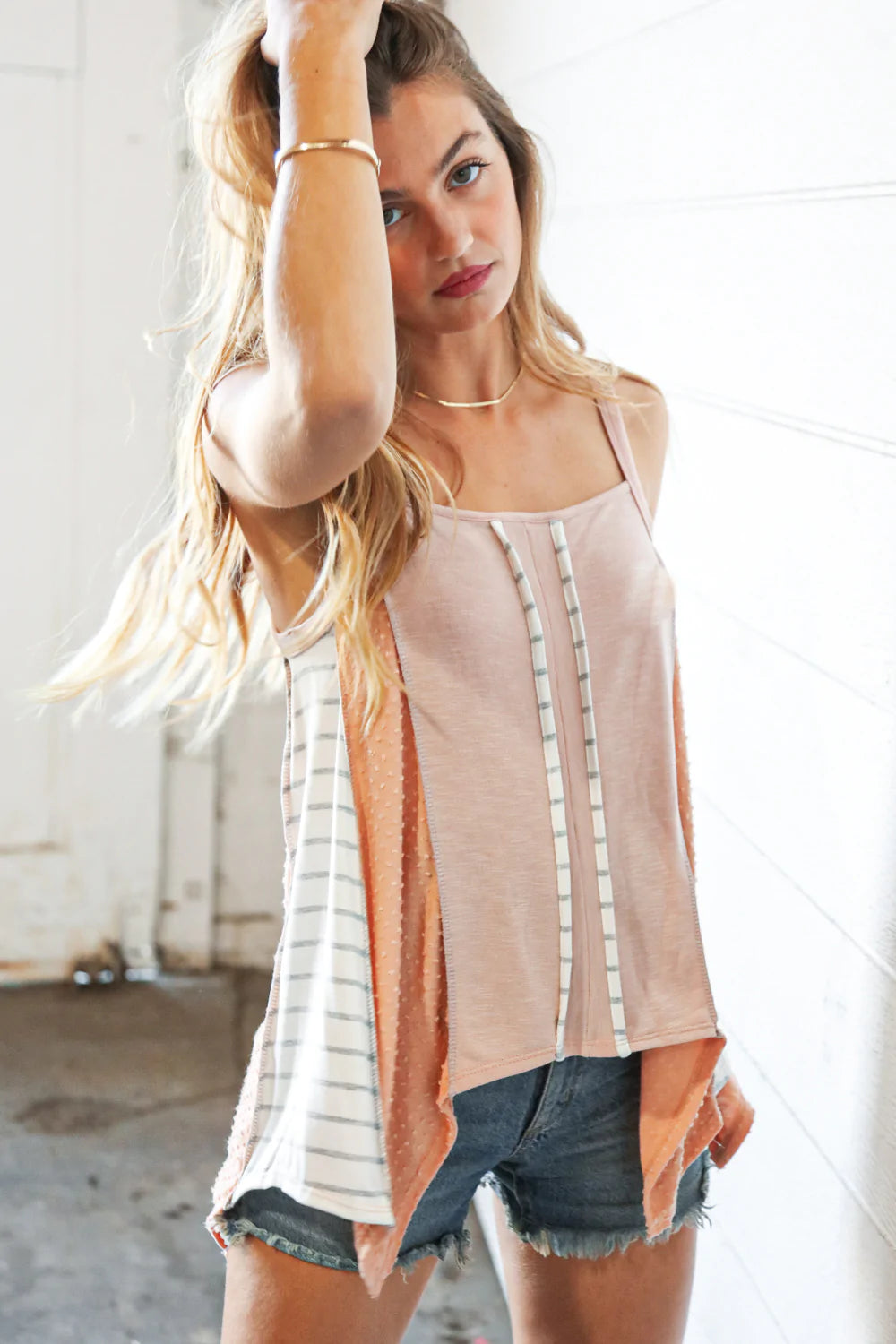 Blush French Terry Color Block Stripe Swiss Dot Top