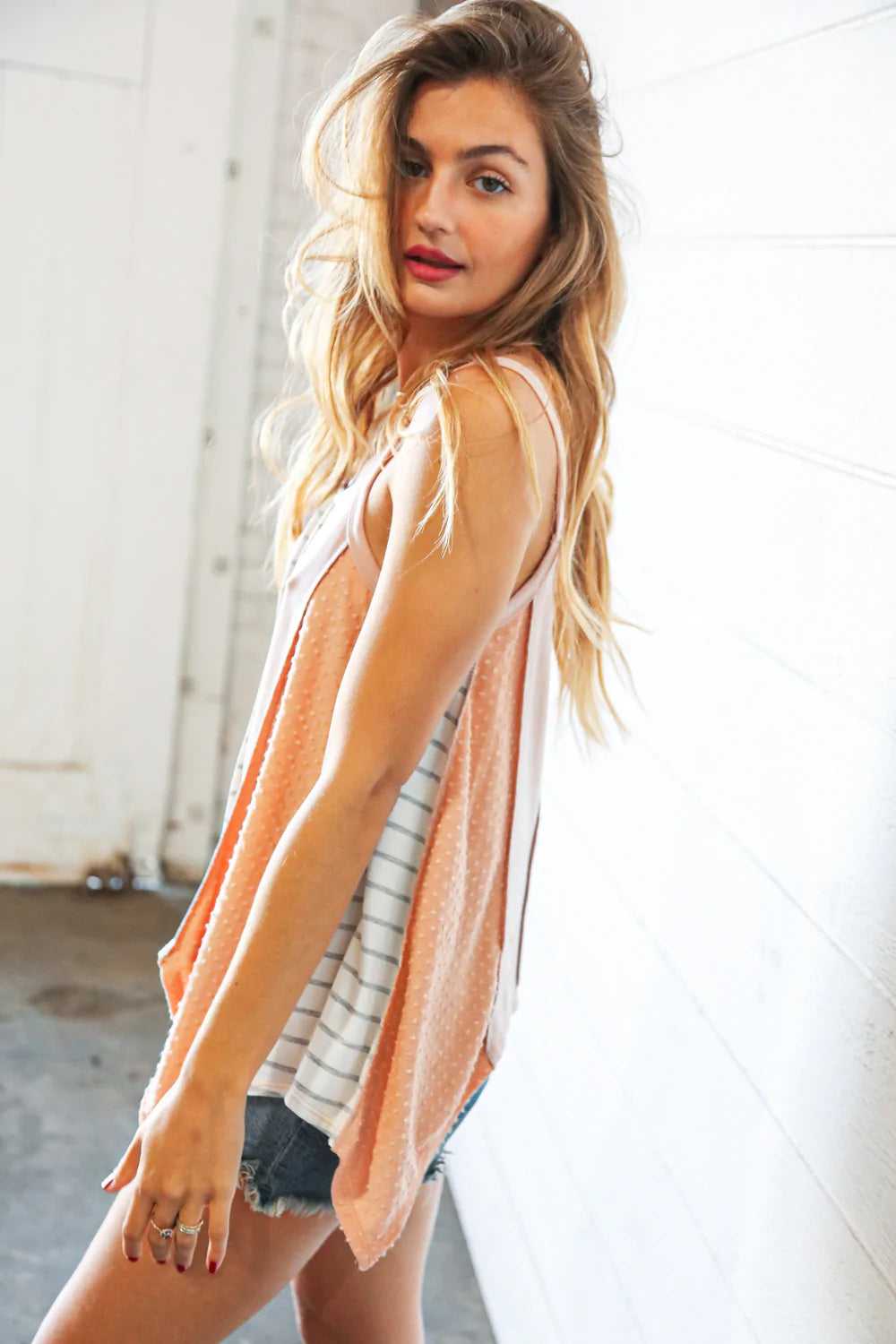 Blush French Terry Color Block Stripe Swiss Dot Top