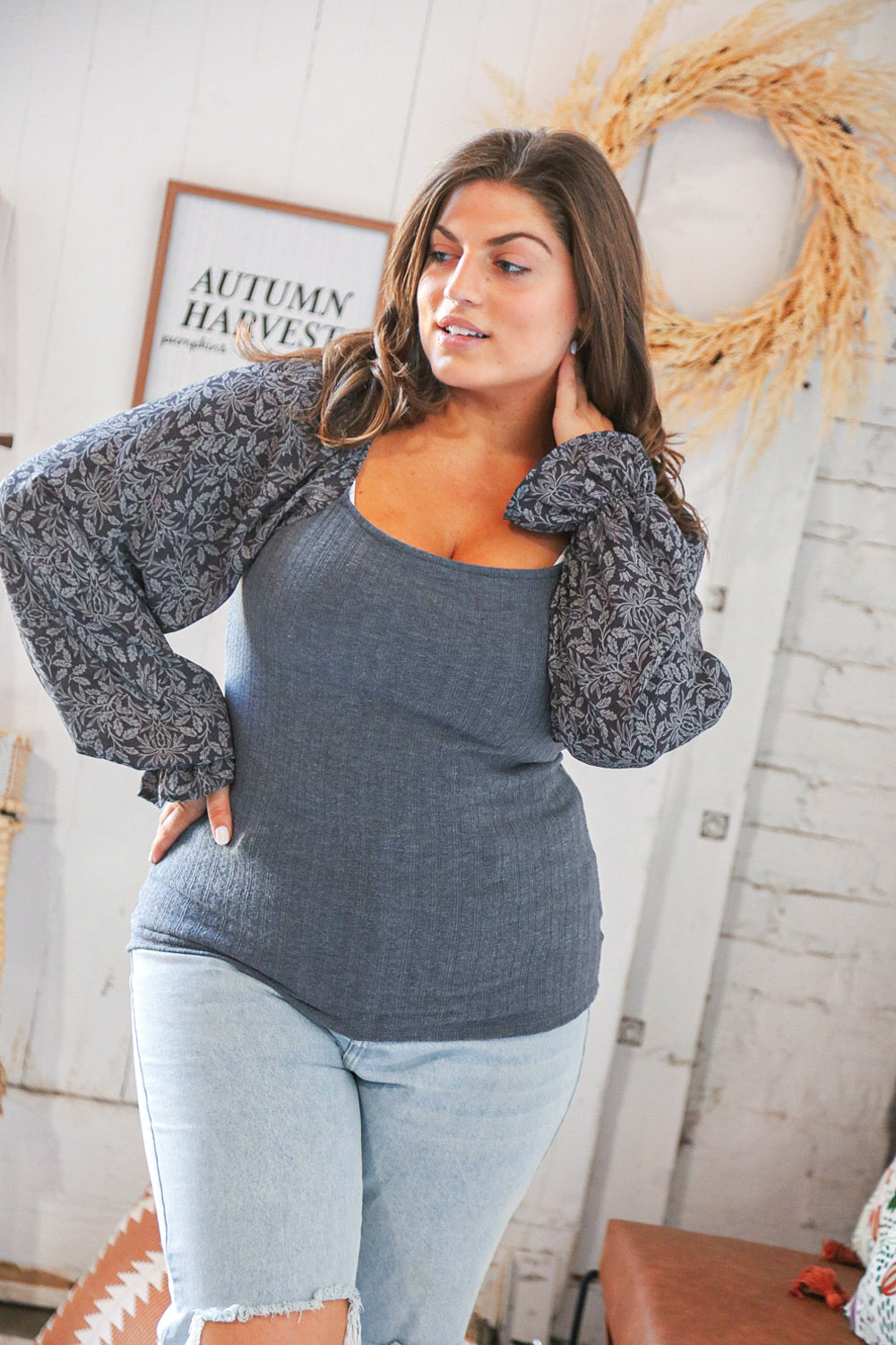 Grey Rib Leaf Print Chiffon Bubble Sleeve Slim Fit Top