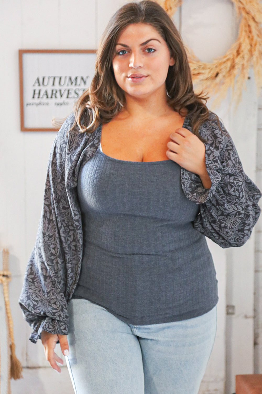 Grey Rib Leaf Print Chiffon Bubble Sleeve Slim Fit Top