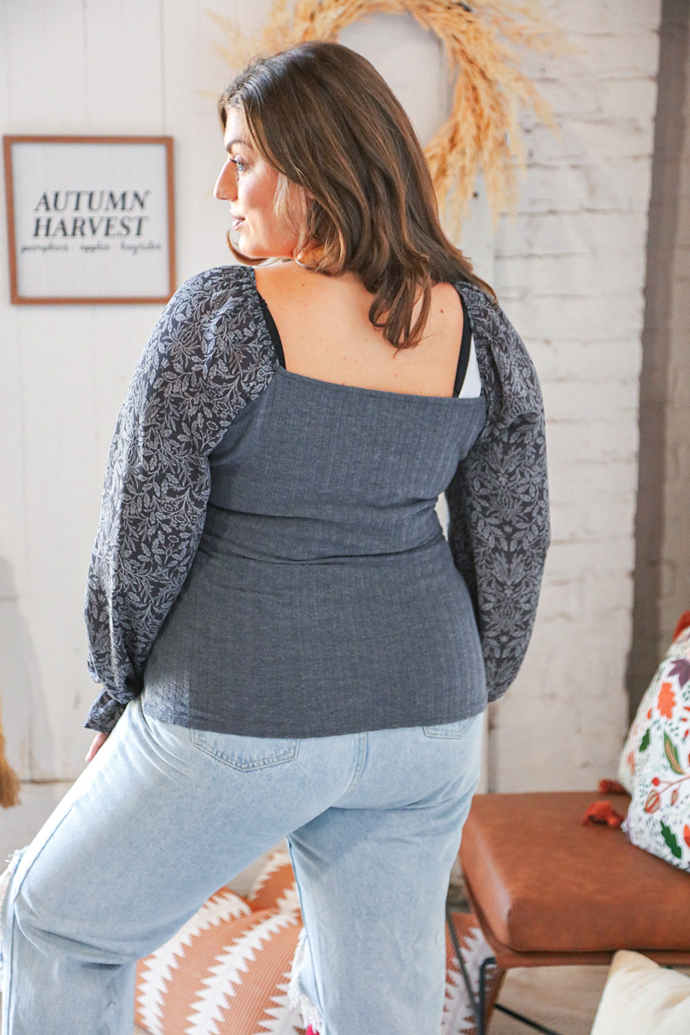 Grey Rib Leaf Print Chiffon Bubble Sleeve Slim Fit Top