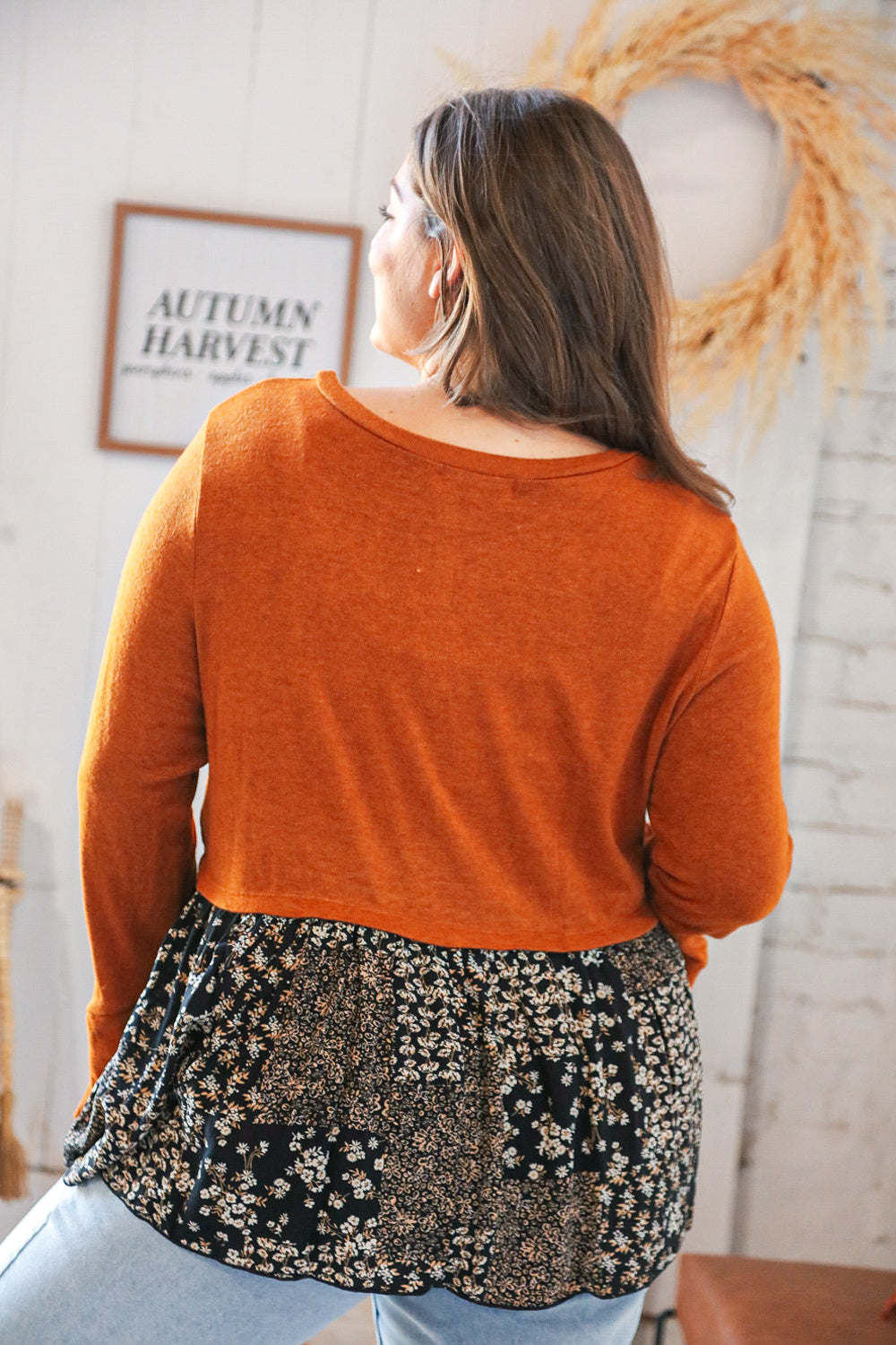 Rust Hacci Babydoll Floral Patchwork Bell Sleeve Sweater Top