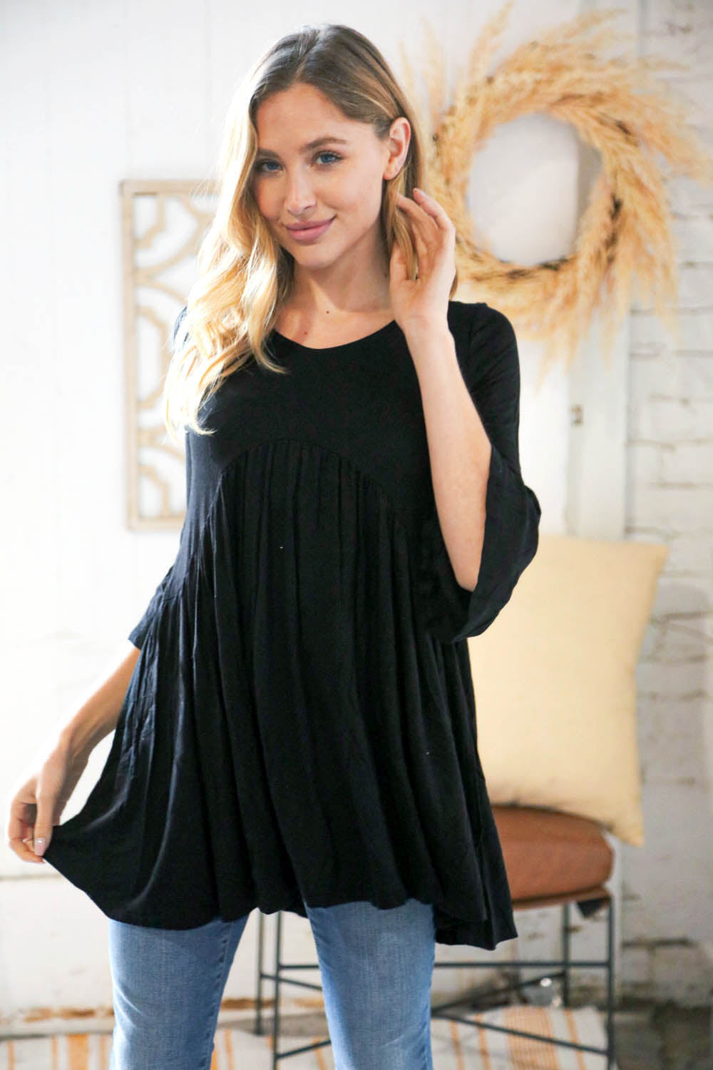 Black Babydoll Bell Sleeve Top