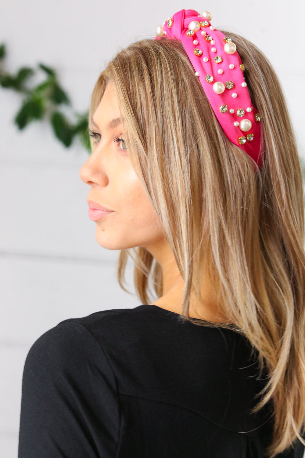 Pink Pearl & Jewels Top Knot Knit Headband